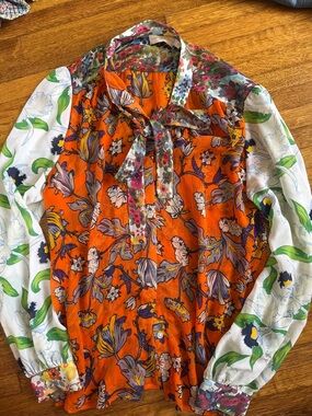 Tory Burch Kia Silk Sheer Tie-Neck Mixed-Print Blouse